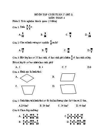 Đề ôn tập cuối tuần Toán Lớp 4 - Tuần 27 - Đề 1