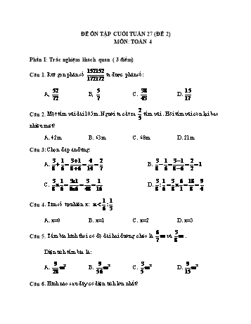 Đề ôn tập cuối tuần Toán Lớp 4 - Tuần 27 - Đề 2