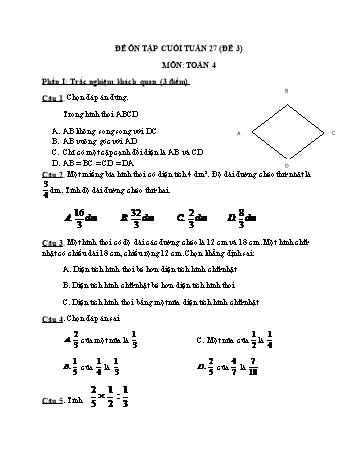 Đề ôn tập cuối tuần Toán Lớp 4 - Tuần 27 - Đề 3