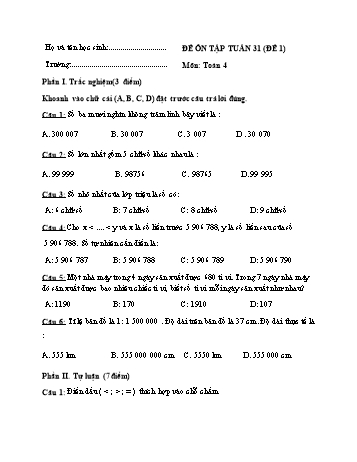 Đề ôn tập cuối tuần Toán Lớp 4 - Tuần 31 - Đề 1