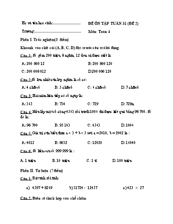 Đề ôn tập cuối tuần Toán Lớp 4 - Tuần 31 - Đề 2
