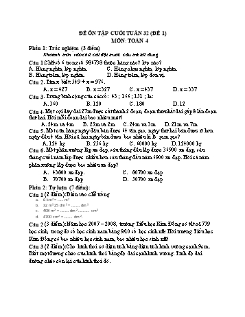 Đề ôn tập cuối tuần Toán Lớp 4 - Tuần 32 - Đề 1