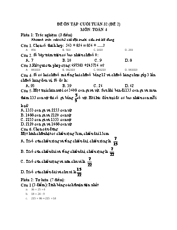 Đề ôn tập cuối tuần Toán Lớp 4 - Tuần 32 - Đề 2