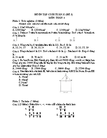 Đề ôn tập cuối tuần Toán Lớp 4 - Tuần 32 - Đề 3