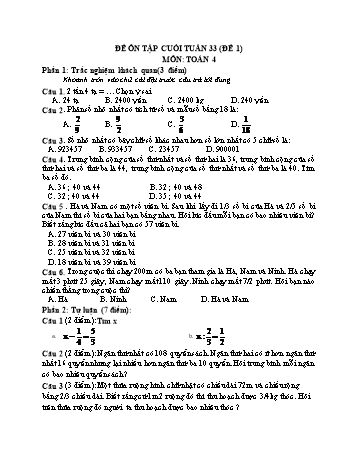 Đề ôn tập cuối tuần Toán Lớp 4 - Tuần 33 - Đề 1