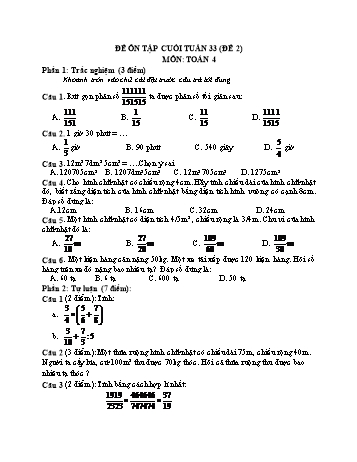 Đề ôn tập cuối tuần Toán Lớp 4 - Tuần 33 - Đề 2