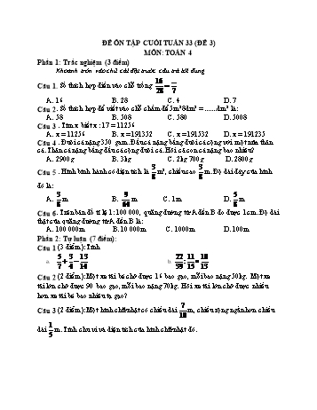 Đề ôn tập cuối tuần Toán Lớp 4 - Tuần 33 - Đề 3