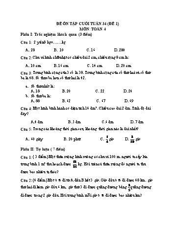 Đề ôn tập cuối tuần Toán Lớp 4 - Tuần 34 - Đề 1