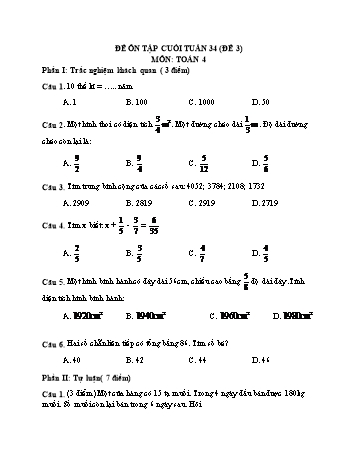 Đề ôn tập cuối tuần Toán Lớp 4 - Tuần 34 - Đề 3