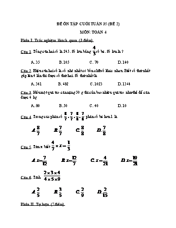 Đề ôn tập cuối tuần Toán Lớp 4 - Tuần 35 - Đề 2