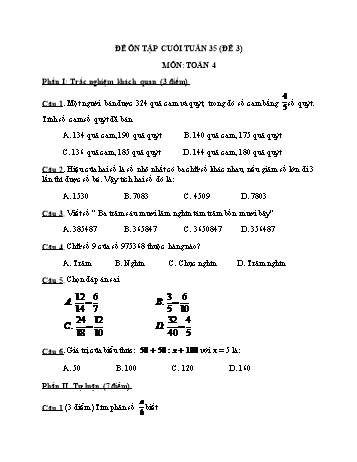 Đề ôn tập cuối tuần Toán Lớp 4 - Tuần 35 - Đề 3