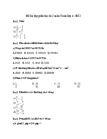 Đề ôn tập giữa học kì 2 Toán Lớp 4 - Đề 2 (Có đáp án)
