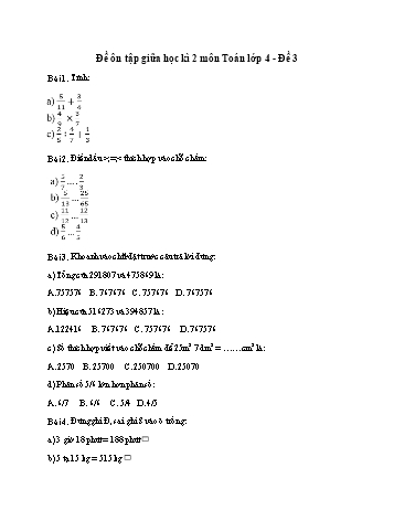 Đề ôn tập giữa học kì 2 Toán Lớp 4 - Đề 3 (Có đáp án)