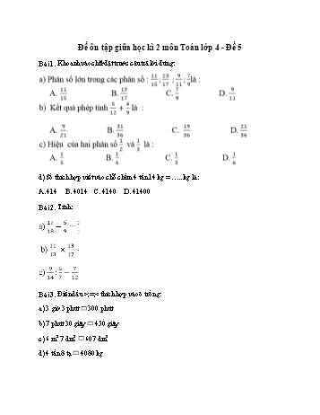 Đề ôn tập giữa học kì 2 Toán Lớp 4 - Đề 5 (Có đáp án)
