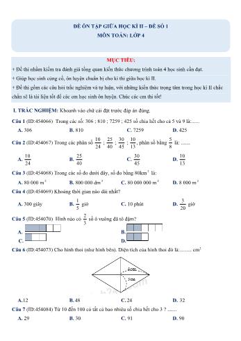 Đề ôn tập giữa học kì 2 Toán Lớp 4 - Đề số 1 (Có hướng dẫn giải chi tiết)