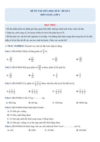 Đề ôn tập giữa học kì 2 Toán Lớp 4 - Đề số 2 (Có hướng dẫn giải chi tiết)