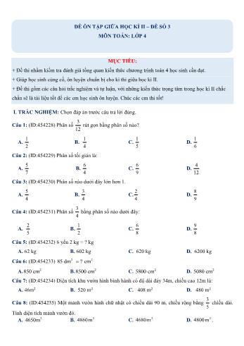 Đề ôn tập giữa học kì 2 Toán Lớp 4 - Đề số 3 (Có hướng dẫn giải chi tiết)