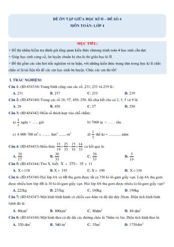 Đề ôn tập giữa học kì 2 Toán Lớp 4 - Đề số 4 (Có hướng dẫn giải chi tiết)