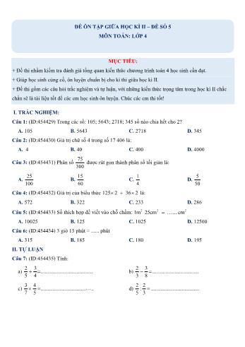 Đề ôn tập giữa học kì 2 Toán Lớp 4 - Đề số 5 (Có hướng dẫn giải chi tiết)