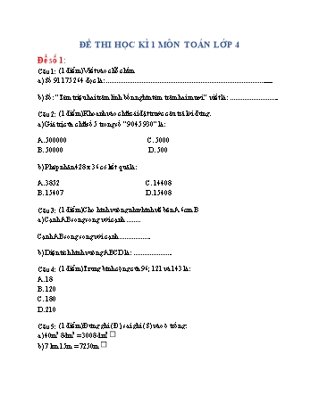 Đề thi học kì 1 môn Toán Lớp 4 (Có đáp án)