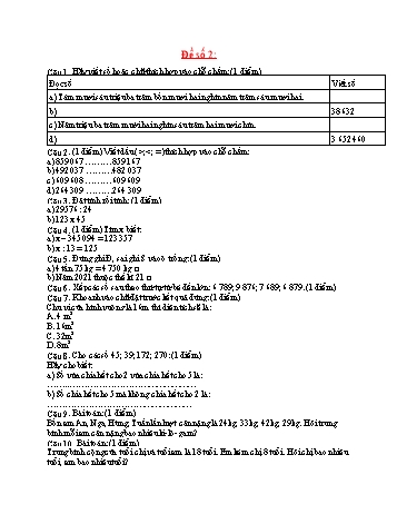 Đề thi học kì 1 môn Toán Lớp 4 - Đề số 2 (Có đáp án)