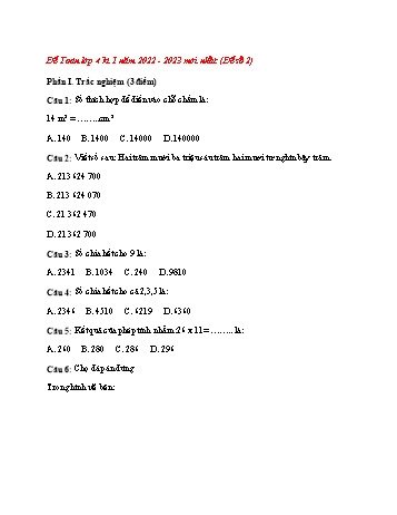 Đề thi học kì 1 môn Toán Lớp 4 - Đề số 2 - Năm học 2022-2023 (Có đáp án)