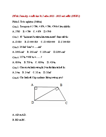 Đề thi học kì 1 môn Toán Lớp 4 - Đề số 3 - Năm học 2022-2023 (Có đáp án)