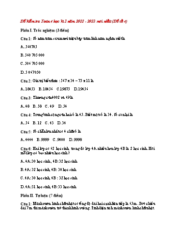 Đề thi học kì 1 môn Toán Lớp 4 - Đề số 4 - Năm học 2022-2023 (Có đáp án)