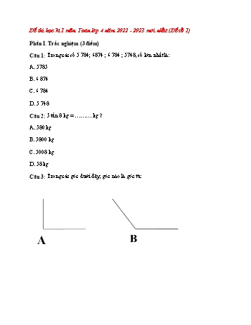 Đề thi học kì 1 Toán Khối 4 - Năm học 2022-2023 (Có đáp án)