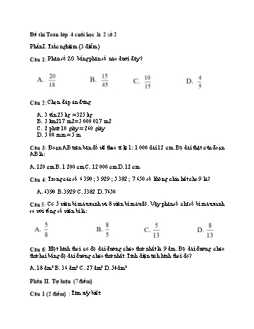 Kiểm tra cuối học kì 2 Toán Lớp 4 - Đề số 2 (Có đáp án)
