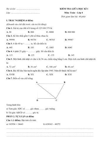 Kiểm tra giữa học kì 1 Toán Lớp 4 - Đề số 2 (Có hướng dẫn giải chi tiết)