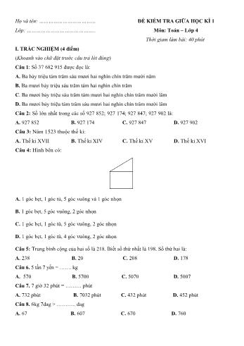 Kiểm tra giữa học kì 1 Toán Lớp 4 - Đề số 5 (Có hướng dẫn giải chi tiết)