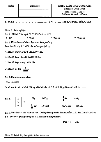 Phiếu kiểm tra cuối năm Toán Lớp 4 - Năm học 2022-2023 (Có hướng dẫn chấm)