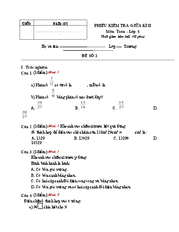 Phiếu kiểm tra giữa kì 2 Toán Lớp 4 - Đề số 1 (Có hướng dẫn chấm)