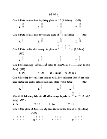 Phiếu kiểm tra giữa kì 2 Toán Lớp 4 - Đề số 4 (Có hướng dẫn chấm)