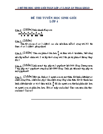 3 Đề thi chọn học sinh giỏi Toán Lớp 4 (Có đáp án)