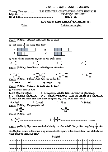 Bài kiểm tra chất lượng giữa học kì 2 Toán Lớp 4 - Năm học 2021-2022 (Có đáp án)
