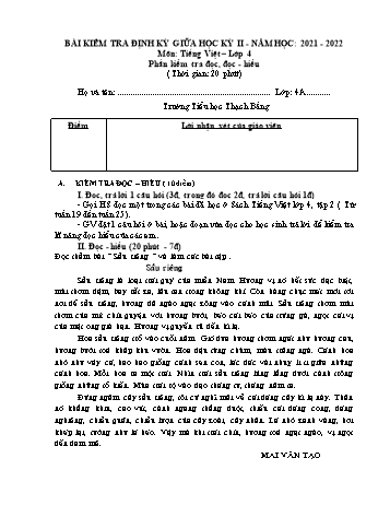 Bài kiểm tra định kì giữa học kì 2 Tiếng Việt Lớp 4 - Năm học 2021-2022 (Có đáp án và biểu điểm)