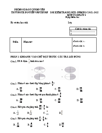 Bài kiểm tra định kì giữa học kì 2 Toán Lớp 4 - Năm học 2021-2022 - Trường Tiểu học Nguyễn Văn Thuần (Có đáp án)