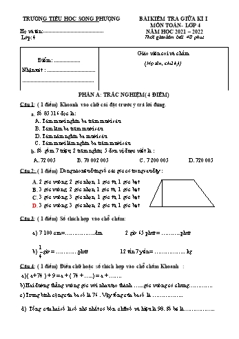 Bài kiểm tra giữa học kì 1 Toán Lớp 4 - Năm học 2021-2022 - Trường Tiểu học Song Phượng (Có đáp án và biểu điểm)