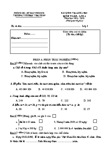 Bài kiểm tra giữa học kì 1 Toán Lớp 4 - Năm học 2021-2022 - Trường Tiểu học Thọ Xuân