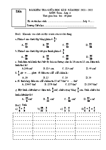 Bài kiểm tra giữa học kì 2 Toán Lớp 4 - Năm học 2021-2022 (Có đáp án)