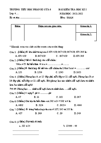 Bài kiểm tra học kì 1 Toán Lớp 4 - Năm học 2021-2022 - Trường Tiểu học Phan Trí Cửa 6 (Có hướng dẫn chấm)