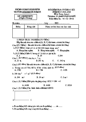 Đề kiểm tra cuối học kì 1 Toán Lớp 4 - Năm học 2021-2022 - Trường PTDTBT Nậm Pì