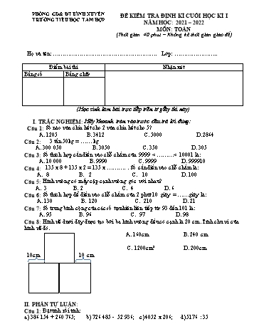 Đề kiểm tra định kì cuối học kì 1 Toán Lớp 4 - Năm học 2021-2022 - Trường Tiểu học Tam Hợp
