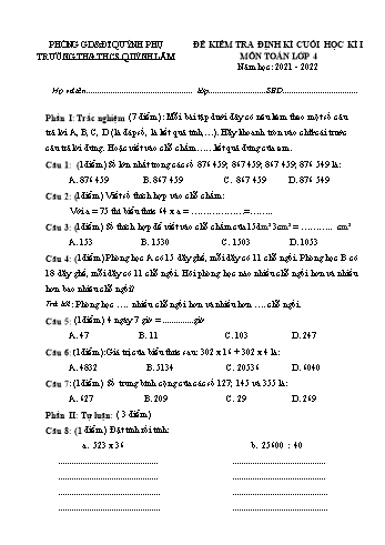 Đề kiểm tra định kì cuối học kì 1 Toán Lớp 4 - Năm học 2021-2022 - Trường Tiểu học Quỳnh Lâm (Có đáp án)