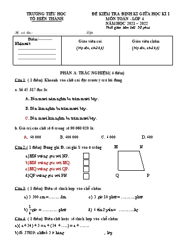 Đề kiểm tra định kì giữa học kì 1 Toán Lớp 4 - Năm học 2021-2022 - Trường Tiểu học Tô Hiến Thành (Có đáp án và biểu điểm)