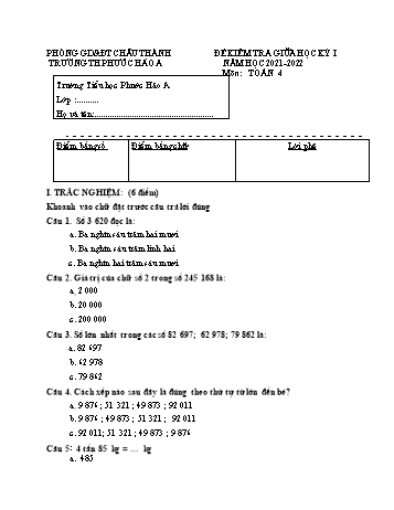 Đề kiểm tra giữa học kì 1 Toán Lớp 4 - Năm học 2021-2022 - Trường Tiểu học Phước Hảo A (Có hướng dẫn chấm)