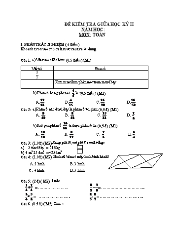 Đề kiểm tra giữa học kì 2 môn Toán Lớp 4 (Có đáp án và biểu điểm)