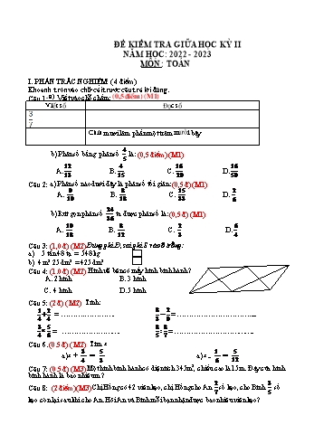 Đề kiểm tra giữa học kì 2 môn Toán Lớp 4 - Năm học 2022-2023 (Có đáp án và biểu điểm)